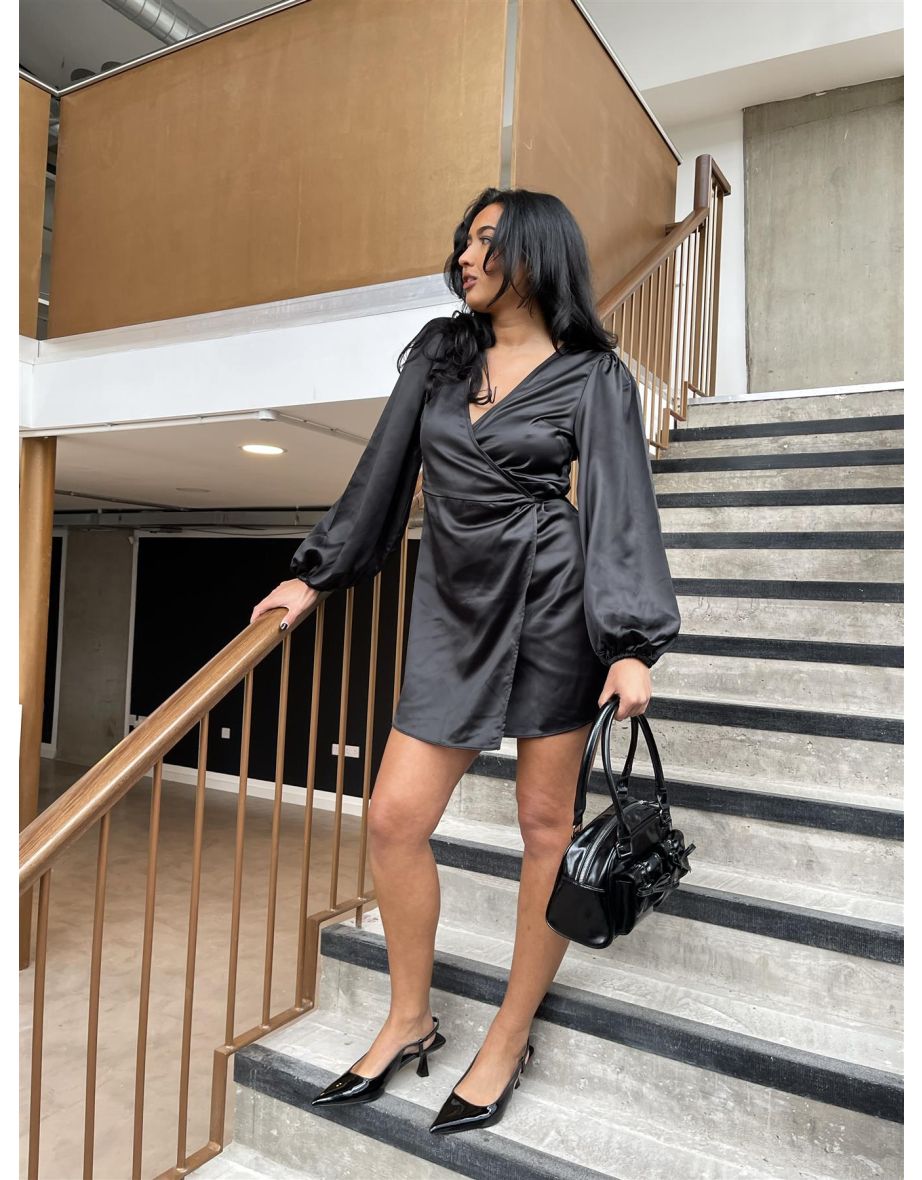 Black Satin Wrap Mini-Dress - 4