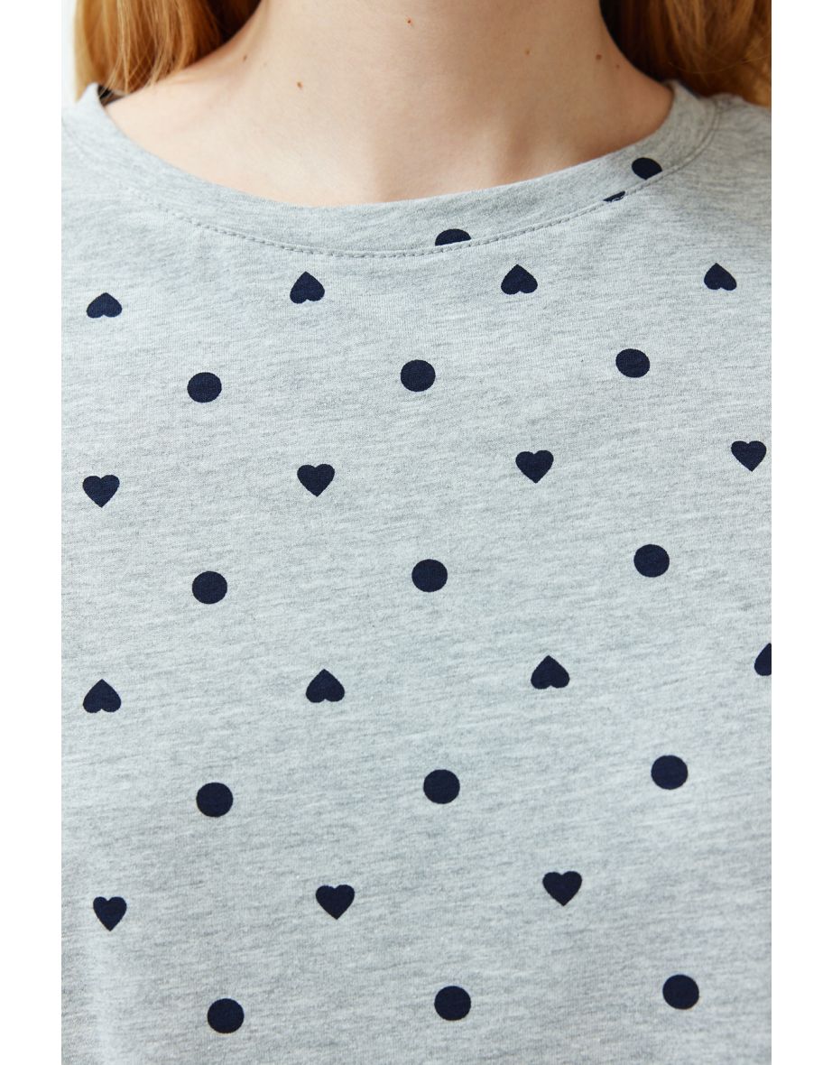 Gray Melange 100% Cotton Heart Patterned T-shirt-Shorts Knitted Pajamas Set - 7
