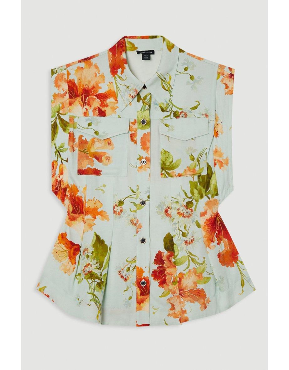 Premium Viscose Linen Floral Topstitch Woven Blouse With Waist Seam Detail - 3
