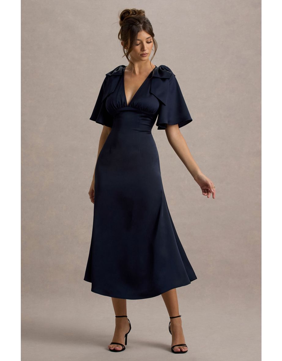 Danna | Navy Satin V-Neck Short-Sleeve Midi Dress - 5