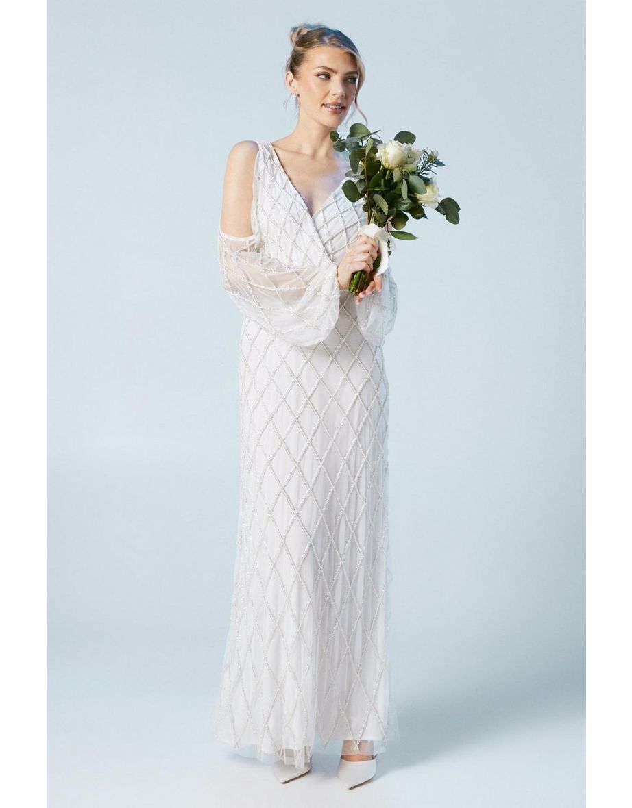 Geometric Embellished Cold Shoulder Wedding Dress