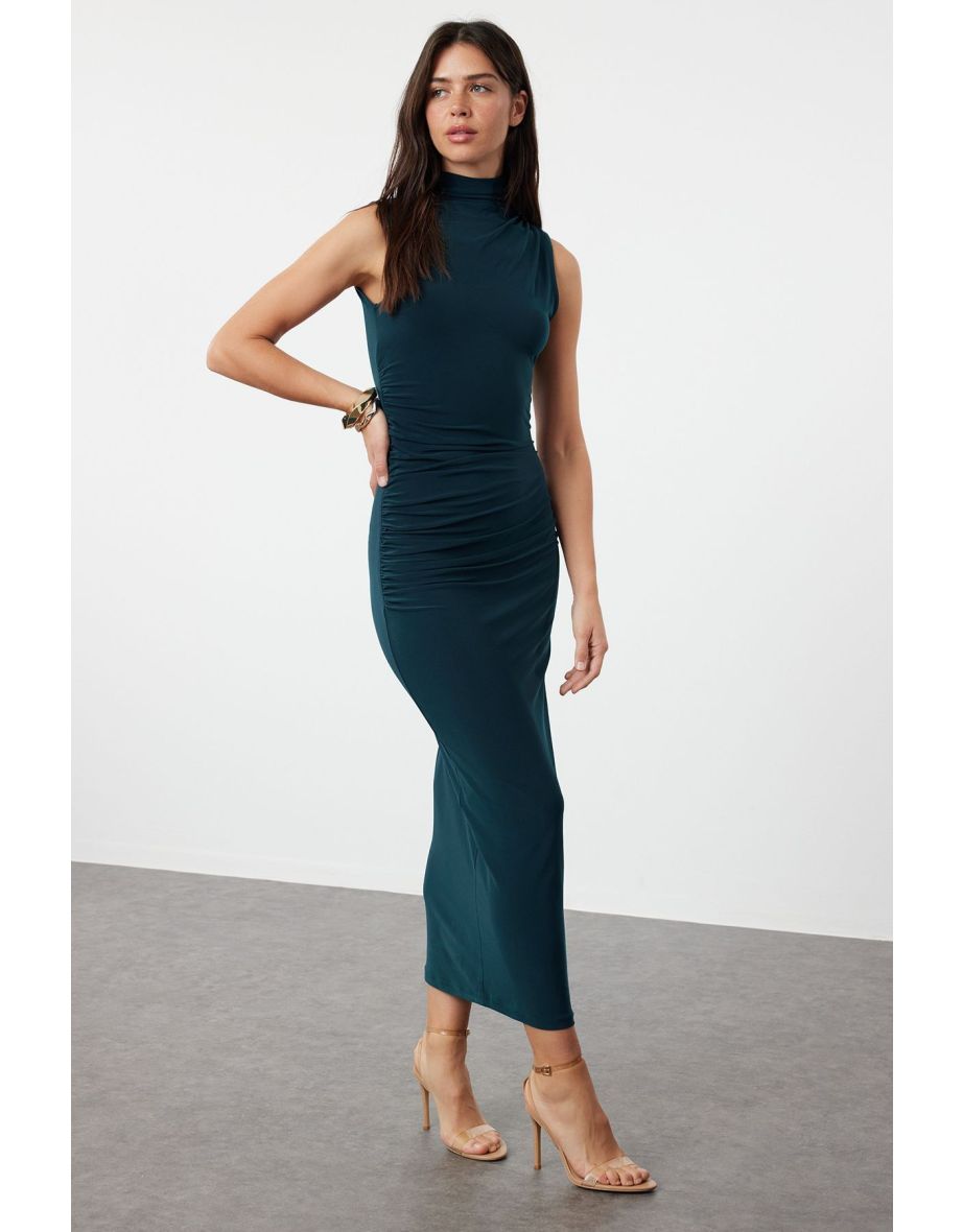 Emerald Green Straight Sleeve Draped Bodycone/Fitting Flexible Knitted Dress