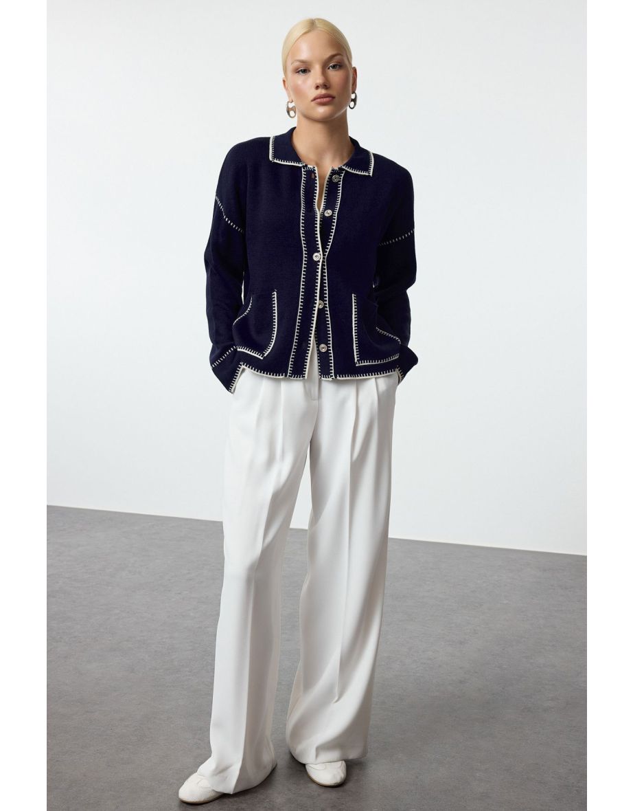 Navy Blue Color Block Polo Neck Knitted Cardigan