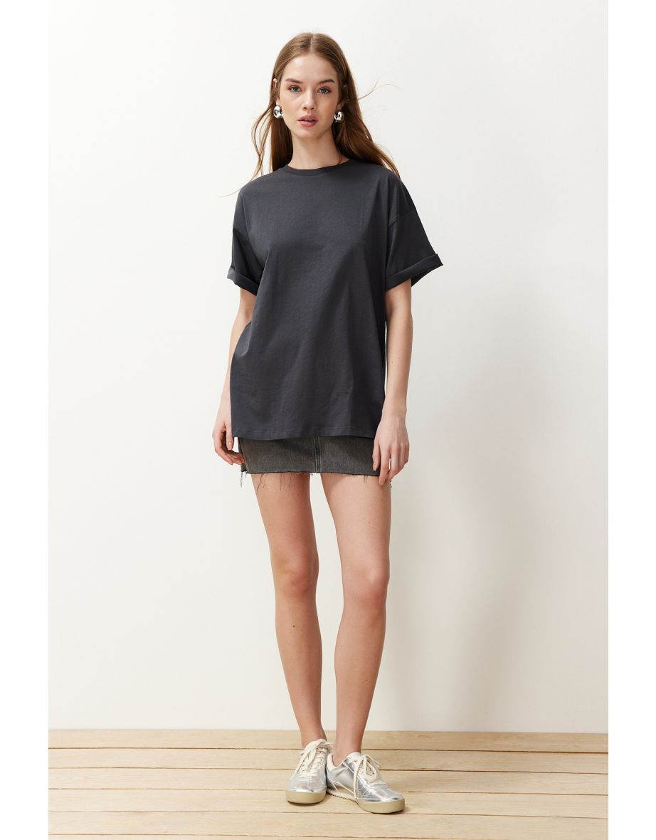 Anthracite 100% Cotton Crew Neck Boyfriend Knitted T-Shirt