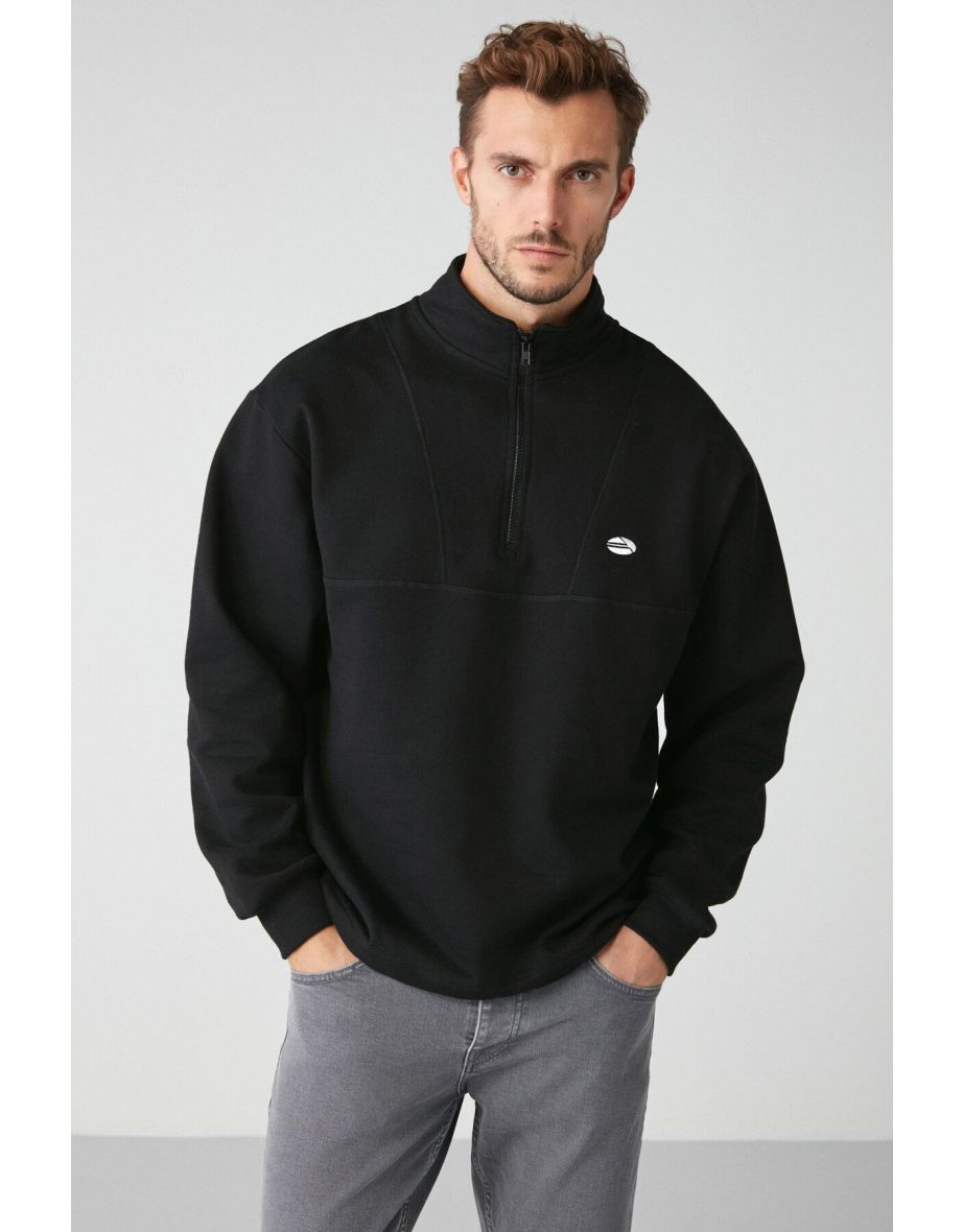 Radiant Men's Half Zipper High Neck Embroidered Black Sweatshirt