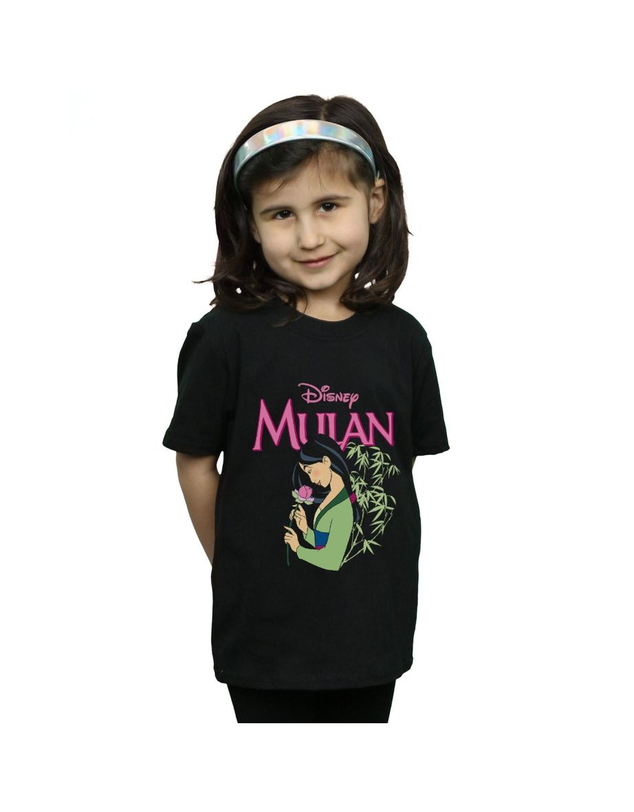 Disney Girls Mulan Pink Magnolia Cotton T-Shirt - Black