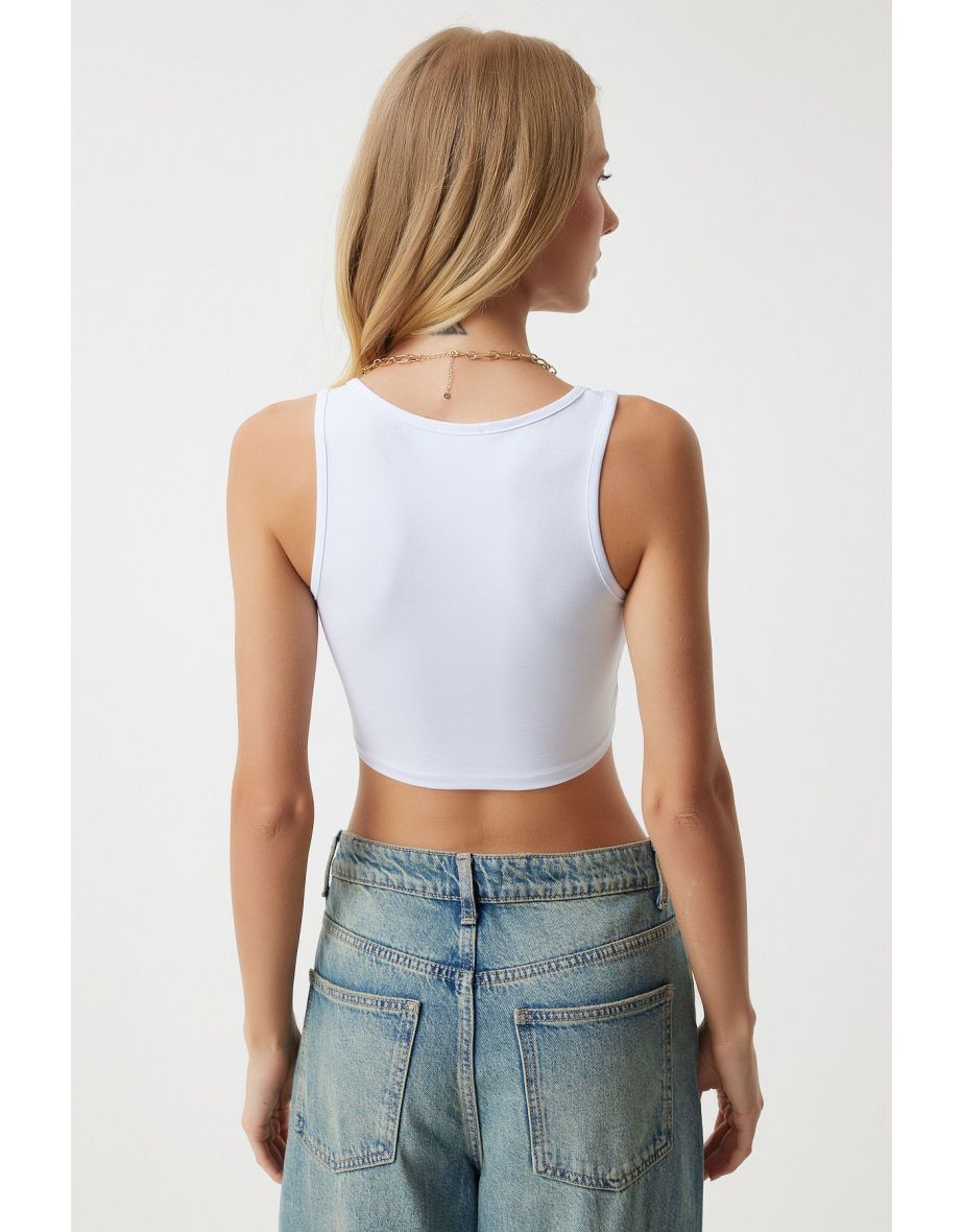 Women's White Strap Crop Knitted Blouse - 3