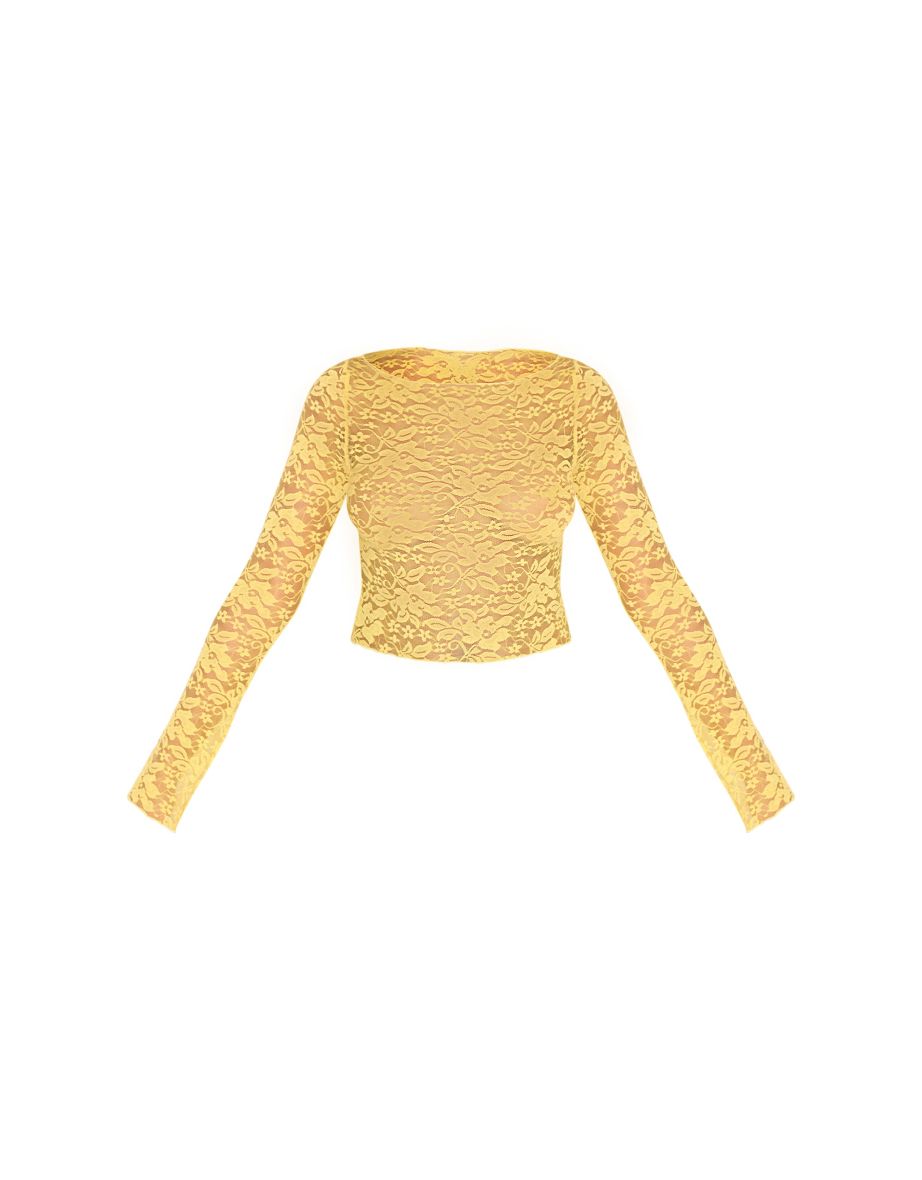 Bright Yellow Lace Long Sleeve Long Top - 4