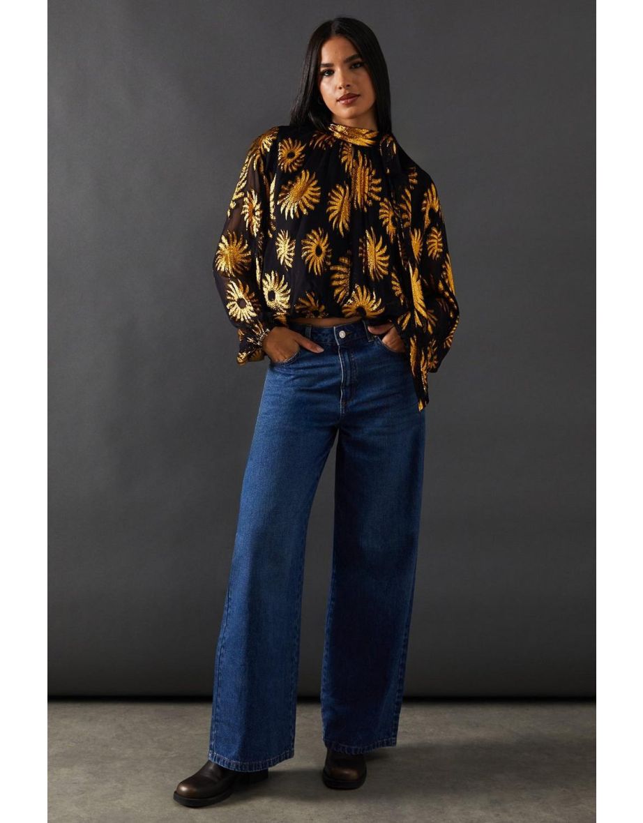 Sun Metallic Jacquard Wrap Front Blouse Top With Tie Neck - 3