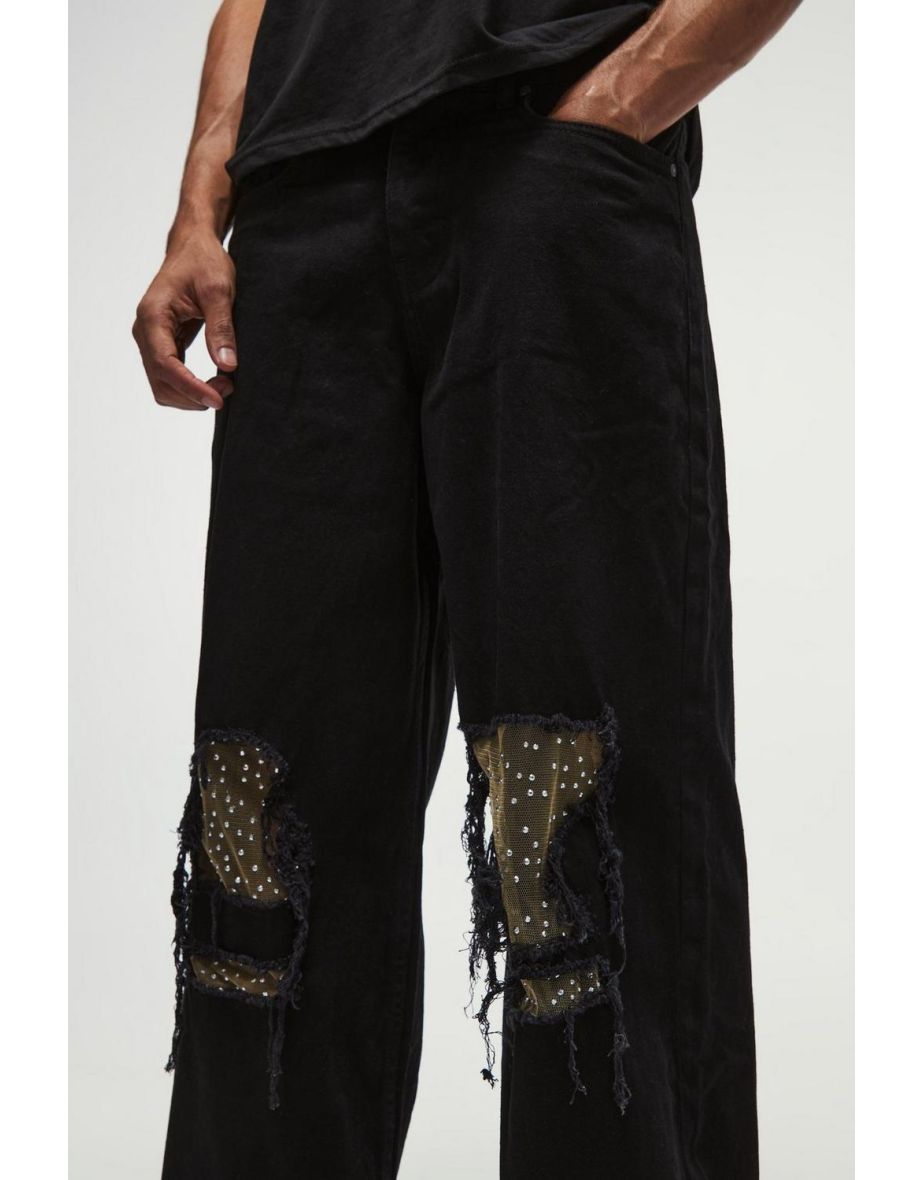 Baggy Fit Rigid Ripped Embellished Jeans - black - 2