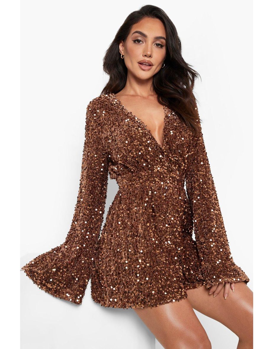 Sequin Flare Sleeve Open Back Playsuit - copper - 3