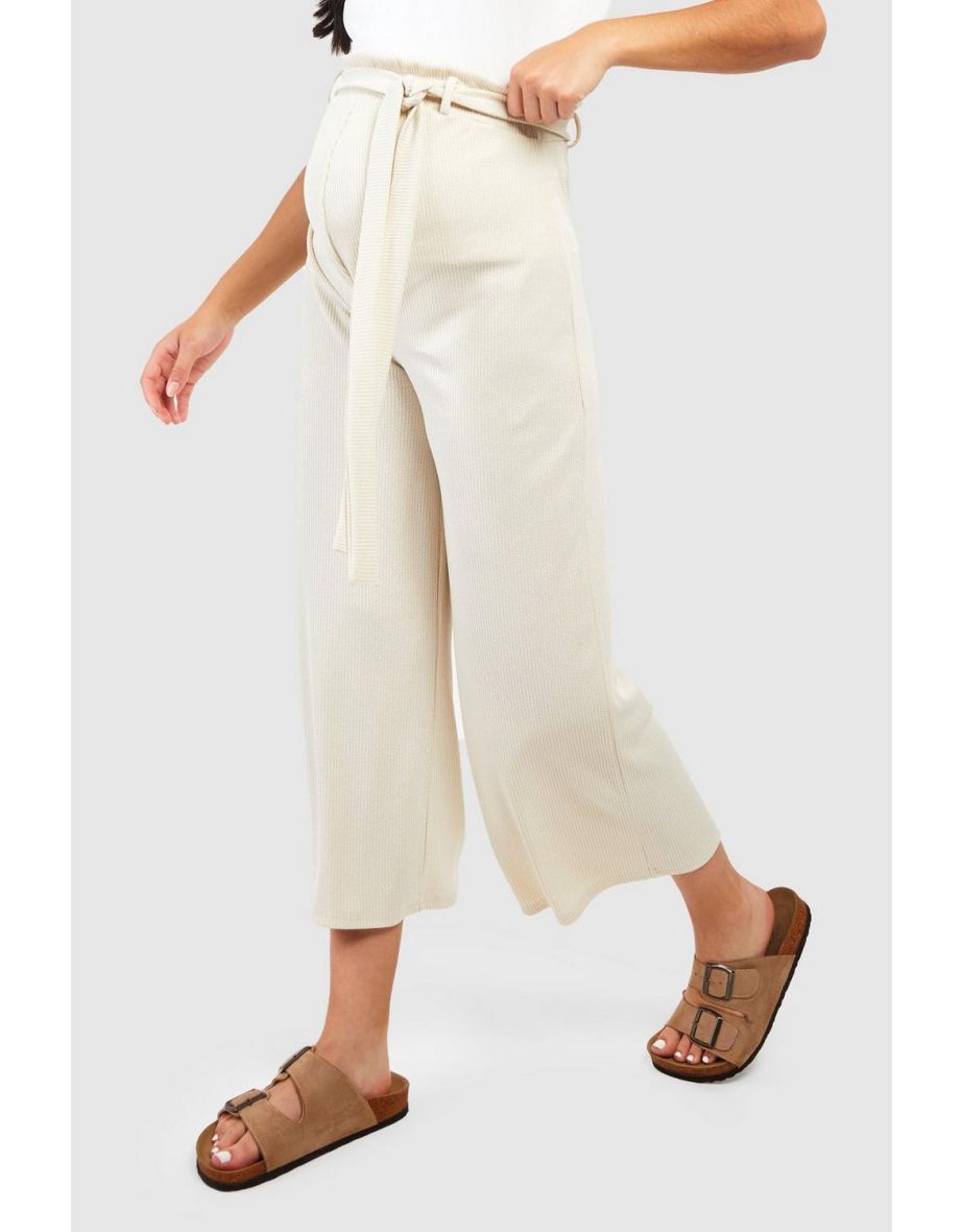 Maternity Crinkle Rib Belted Culotte - stone - 3