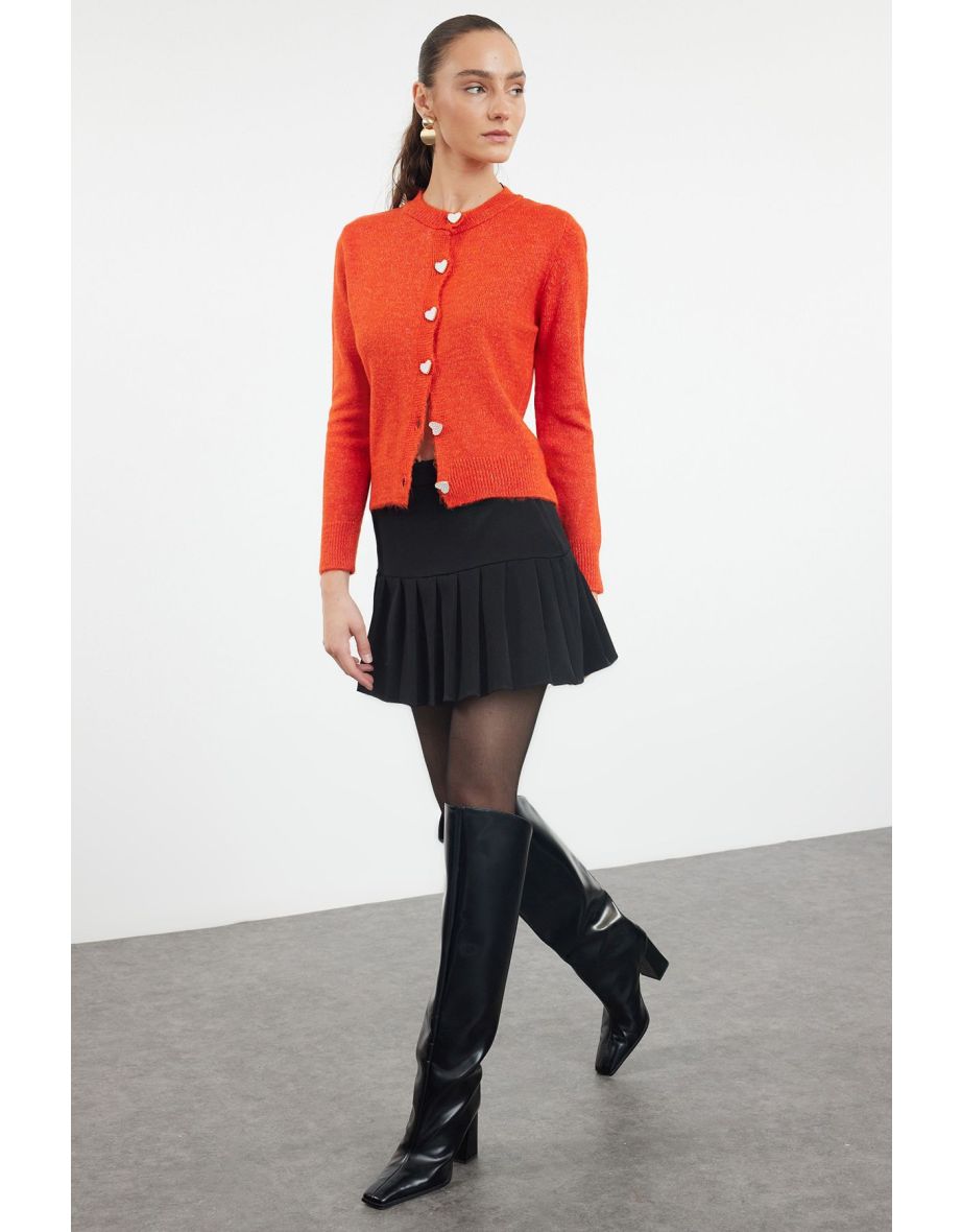 Orange Soft Textured Knitwear Cardigan with Jewel Buttons