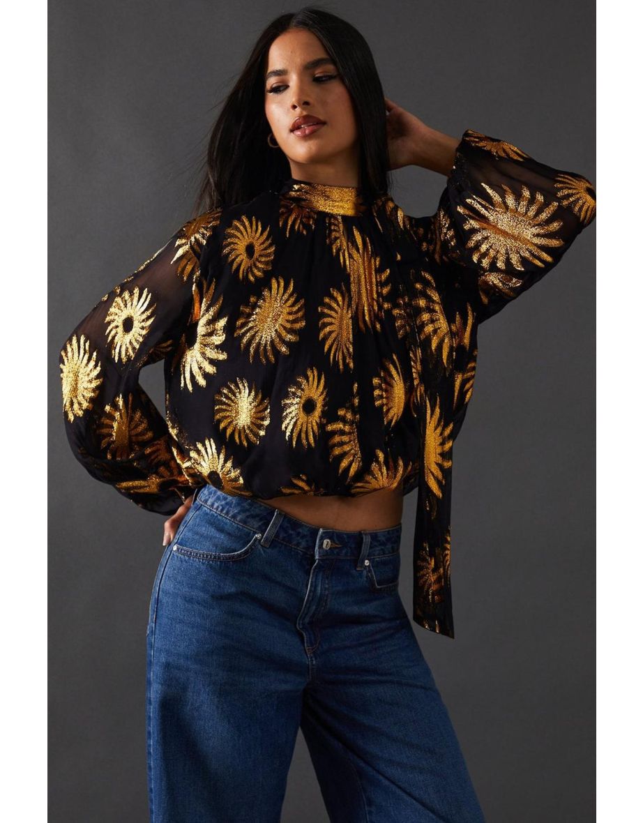 Sun Metallic Jacquard Wrap Front Blouse Top With Tie Neck