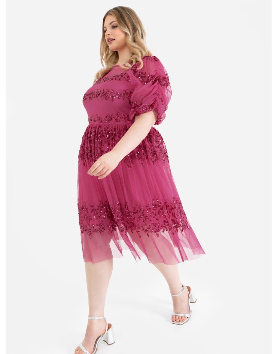Maya Hot Pink Floral Embellished Ruched Sleeve Midi Dress - 1