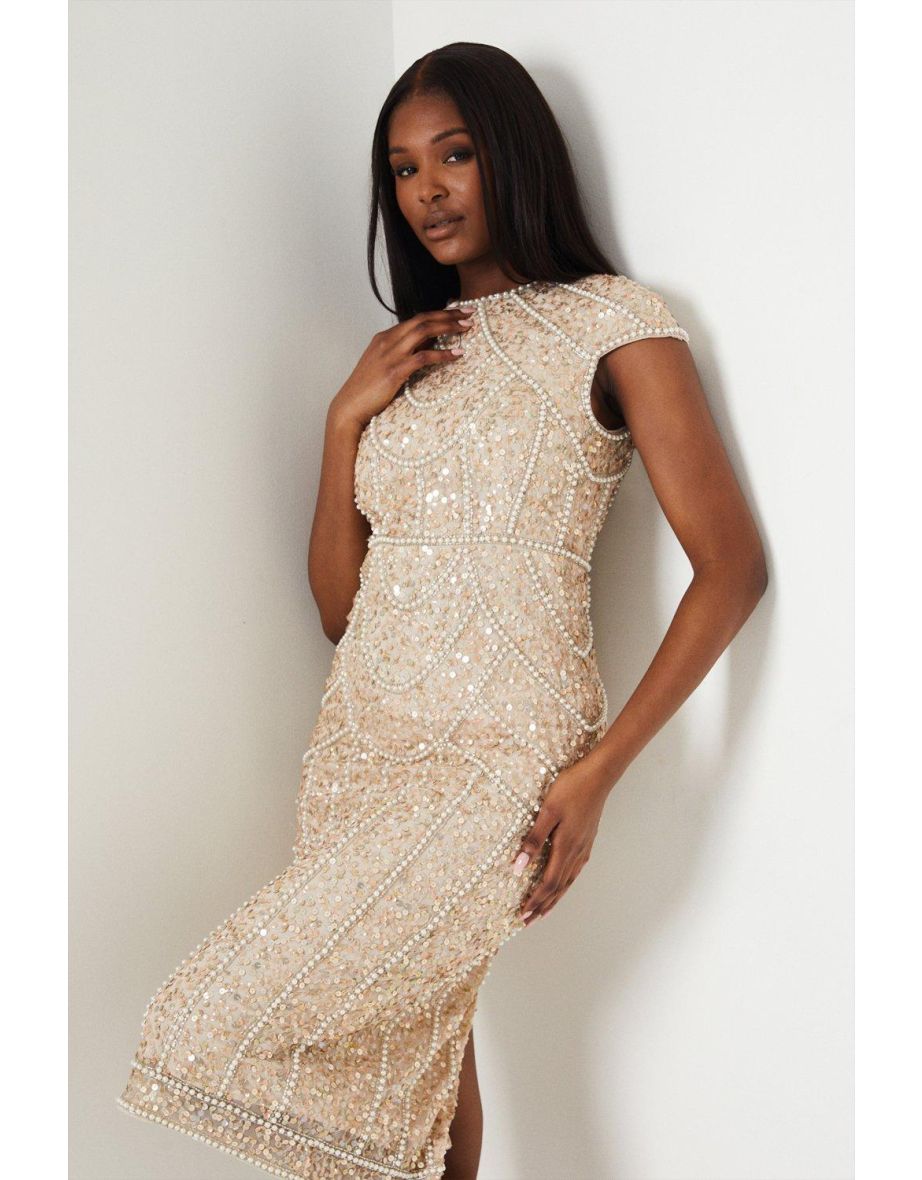 Cap Sleeve Pearl Embellished Pencil Dress - 3