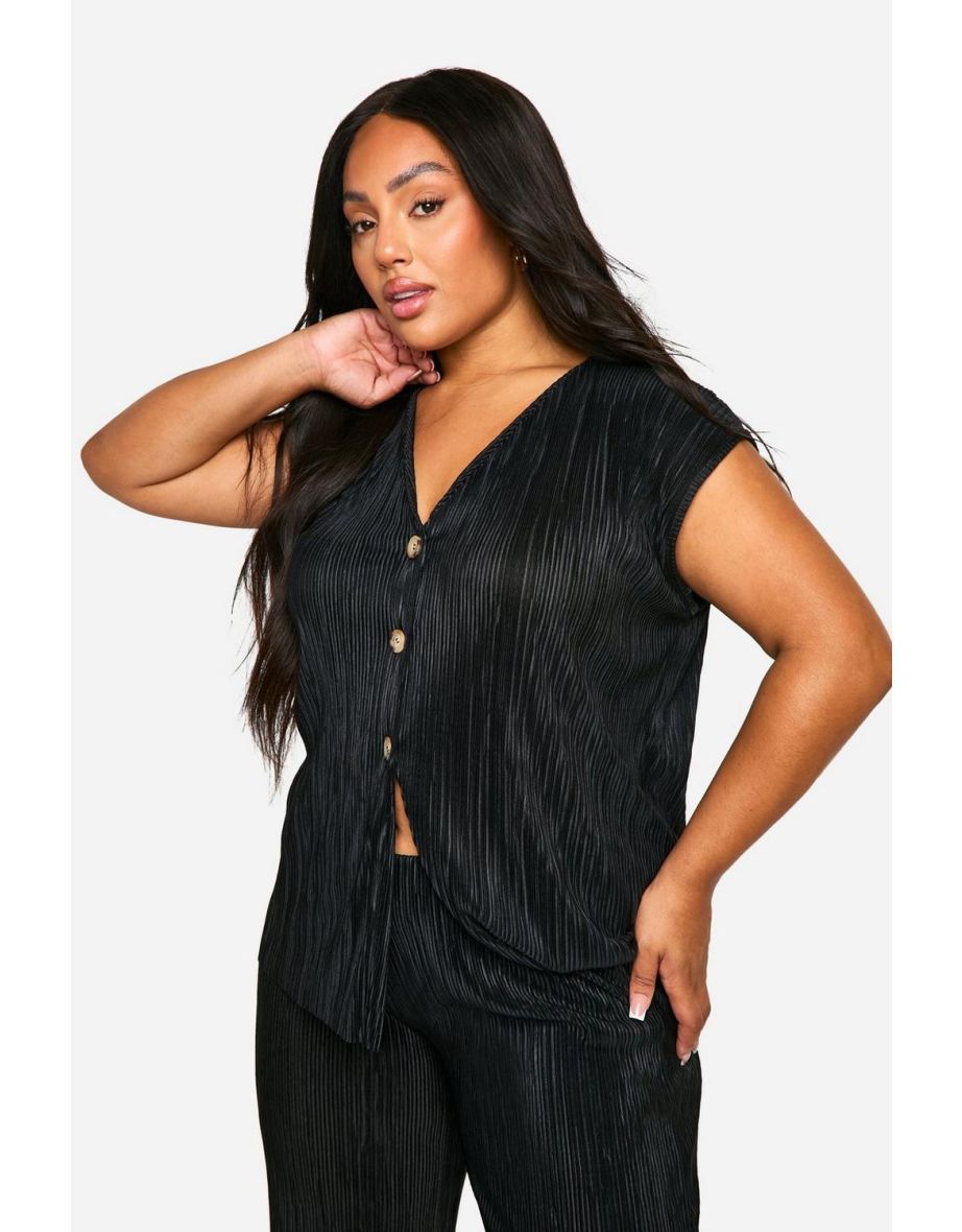 Plus Plisse Waistcoat & Trouser Wide Leg Co Ord - black - 3