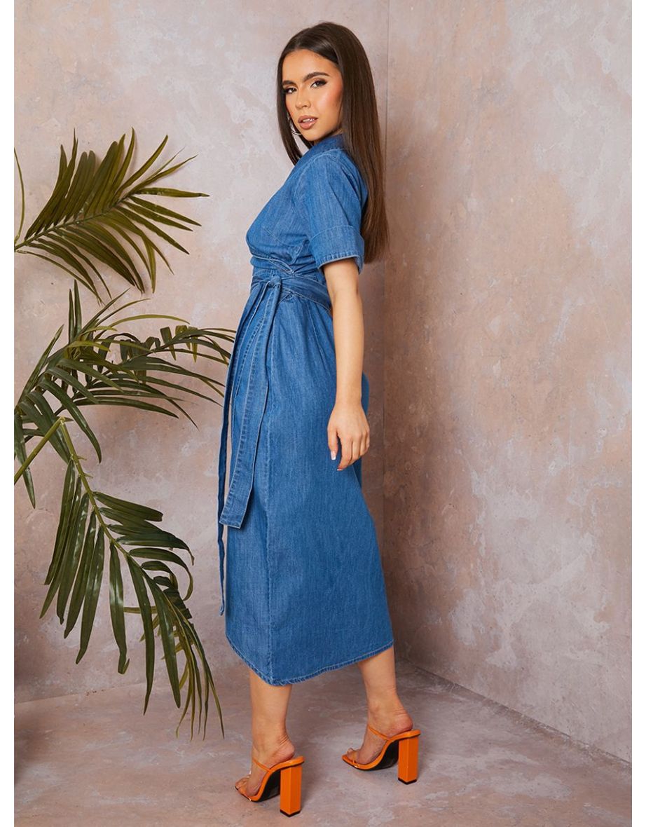Short Sleeve Denim Wrap Midaxi Dress in Blue - 2