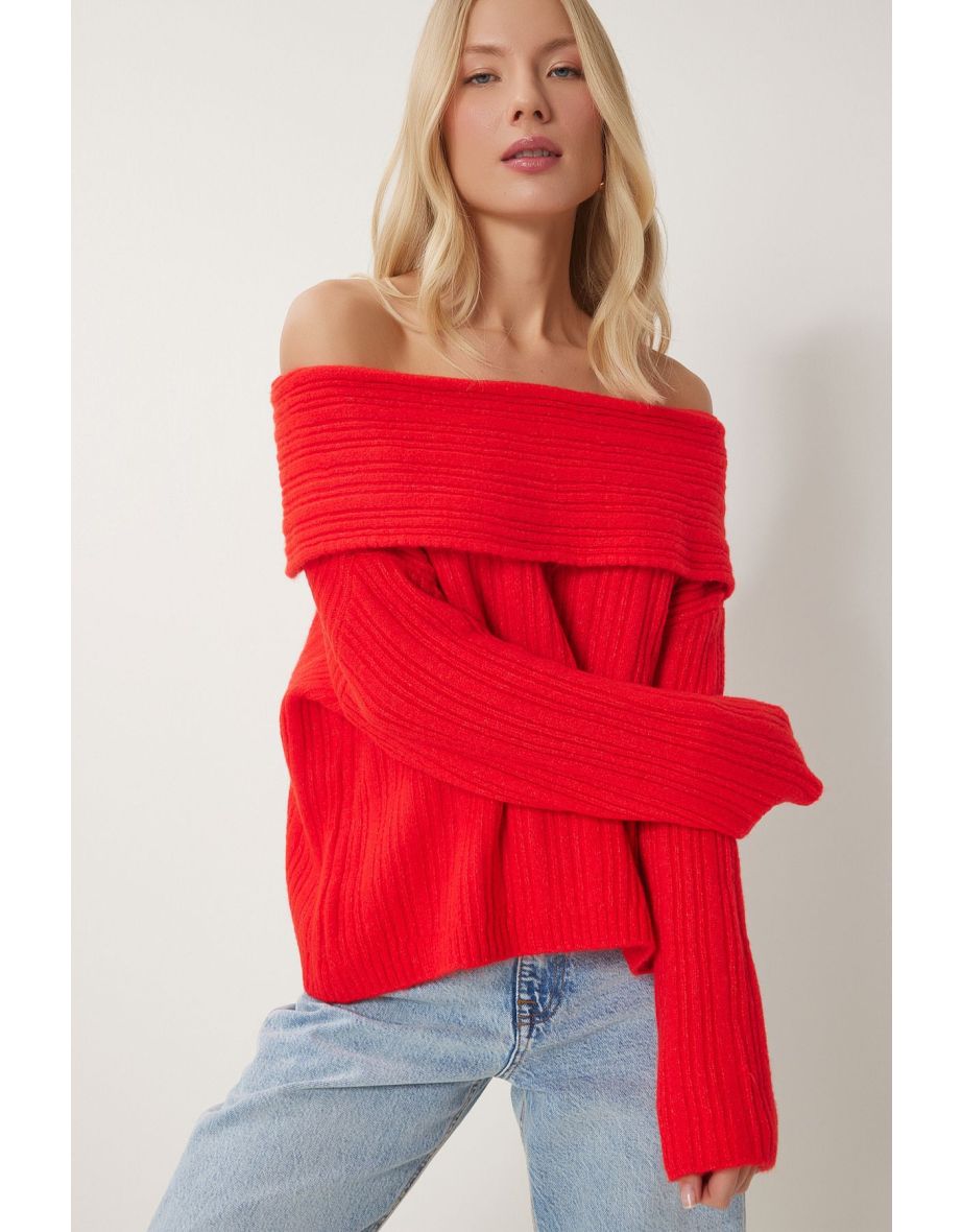 Women's Red Madonna Collar Knitwear Sweater