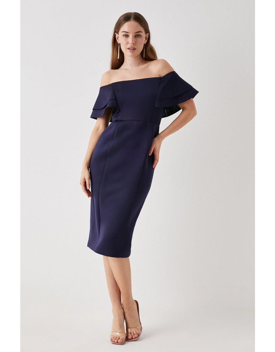 Shop Debut London Ruffle Scuba Bardot Midi Dress midnight Online in Bahrain VogaCloset