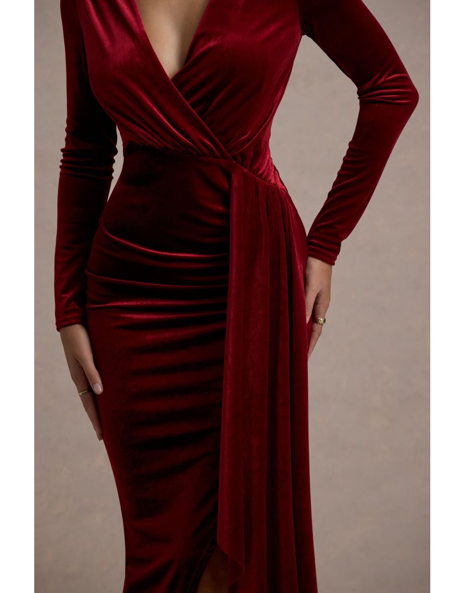 Arcadia | Berry Velvet Plunge-Neck Wrap Maxi Dress - 5