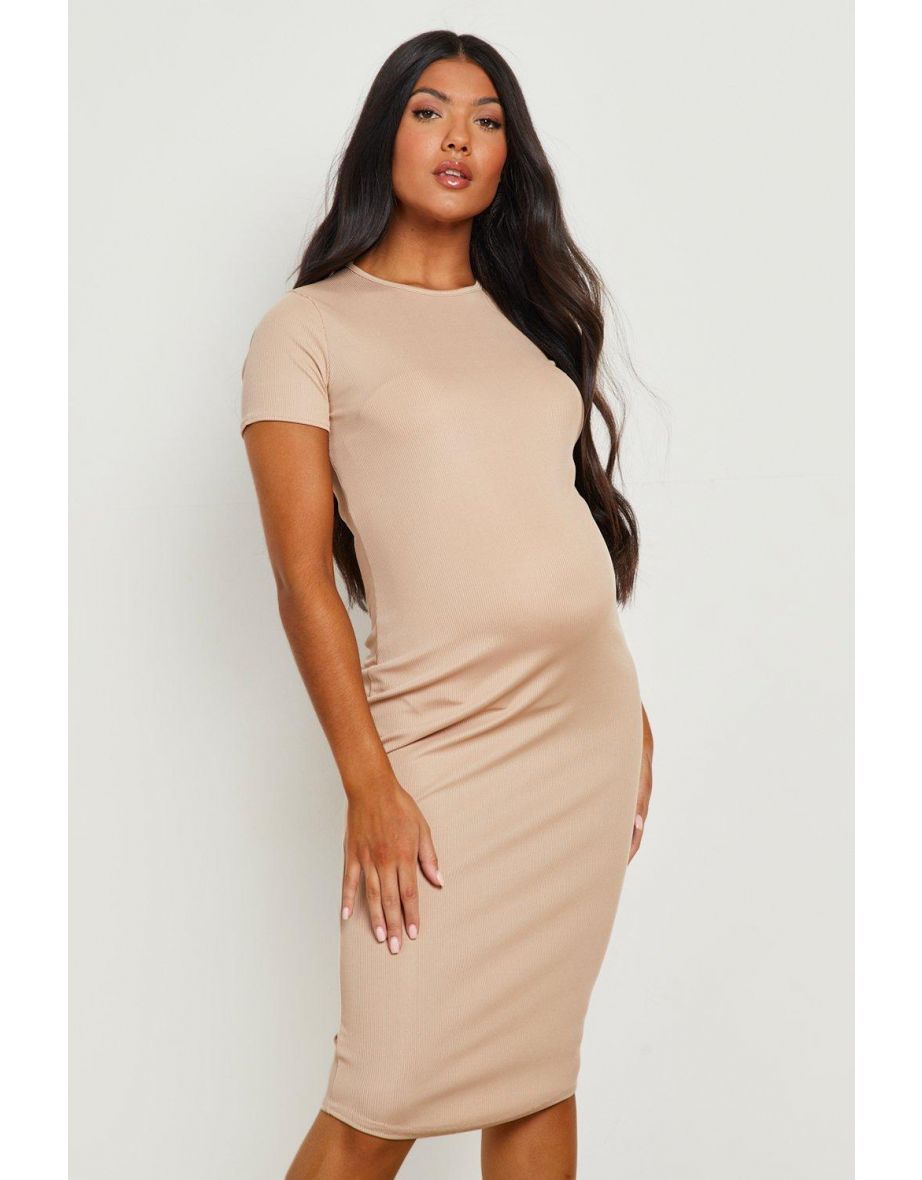 Maternity Rib Short Sleeve Midi Dress - stone - 3