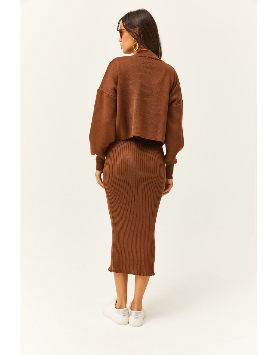 Women's Bitter Brown Top Crop Sweater Bottom Strap Dress Knitwear Suit - 6