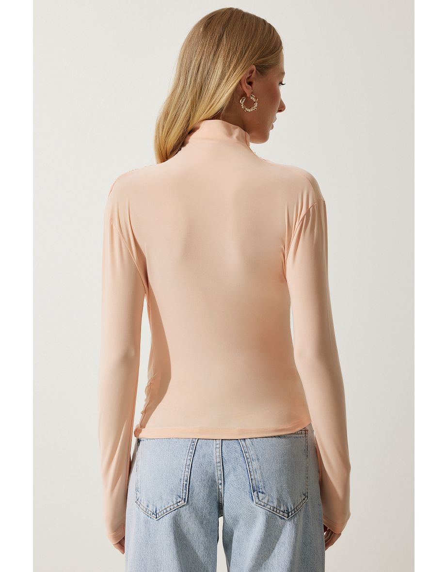 Women's Peach Gathered Detailed High Neck Sandy Blouse - 4