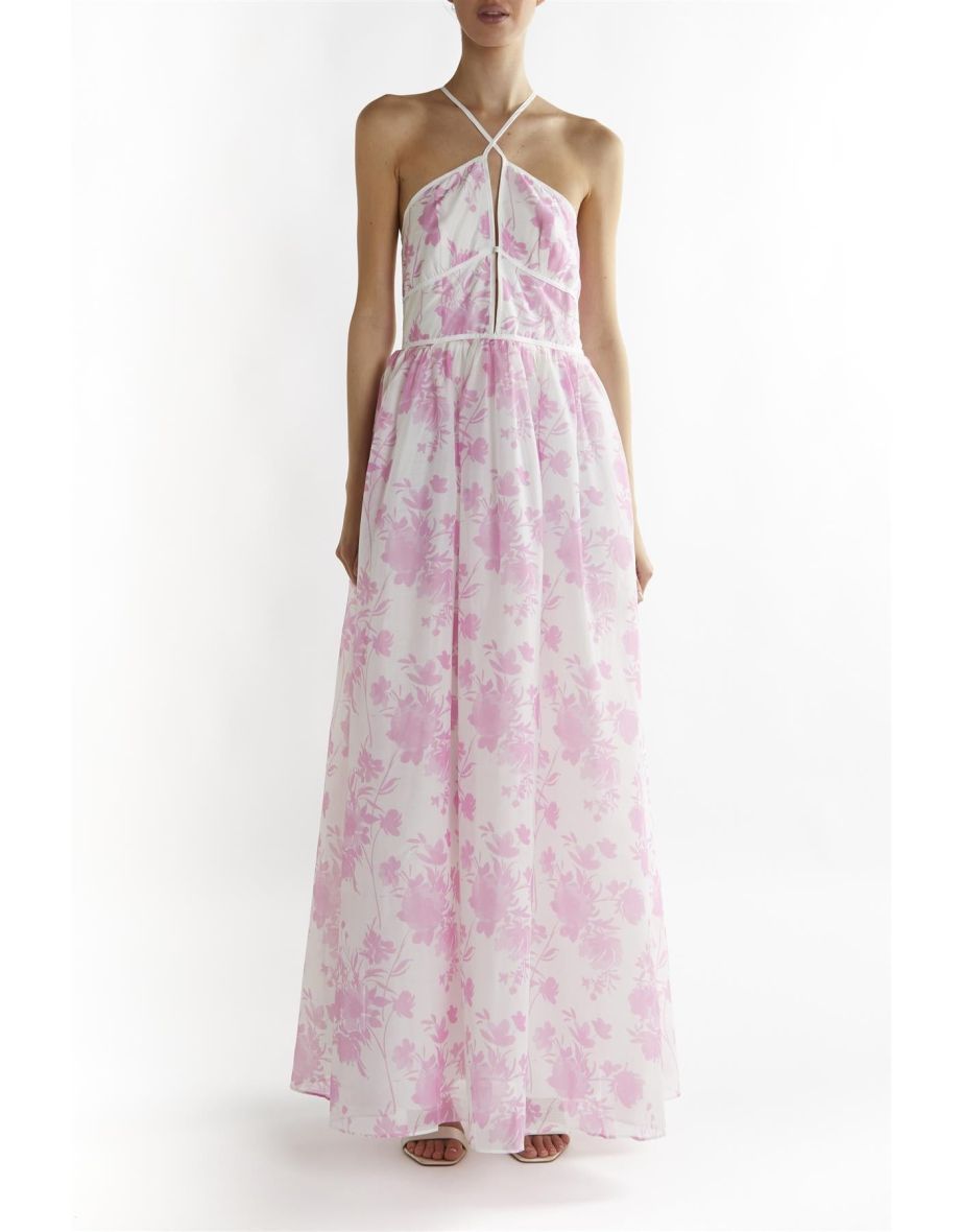 Candy-Pink Floral Aubree Lace Trim Maxi-Dress