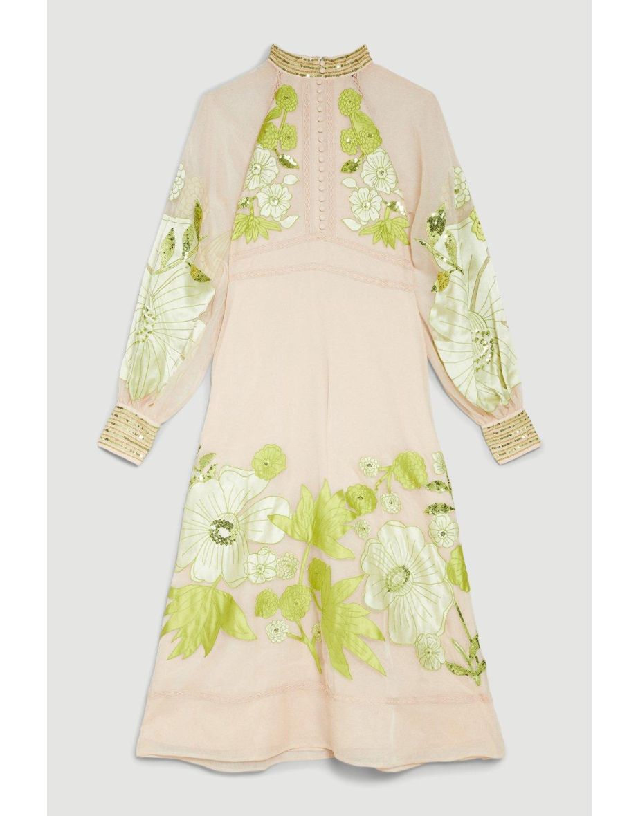 Organdie Applique Buttoned Woven Midi Dress - 3