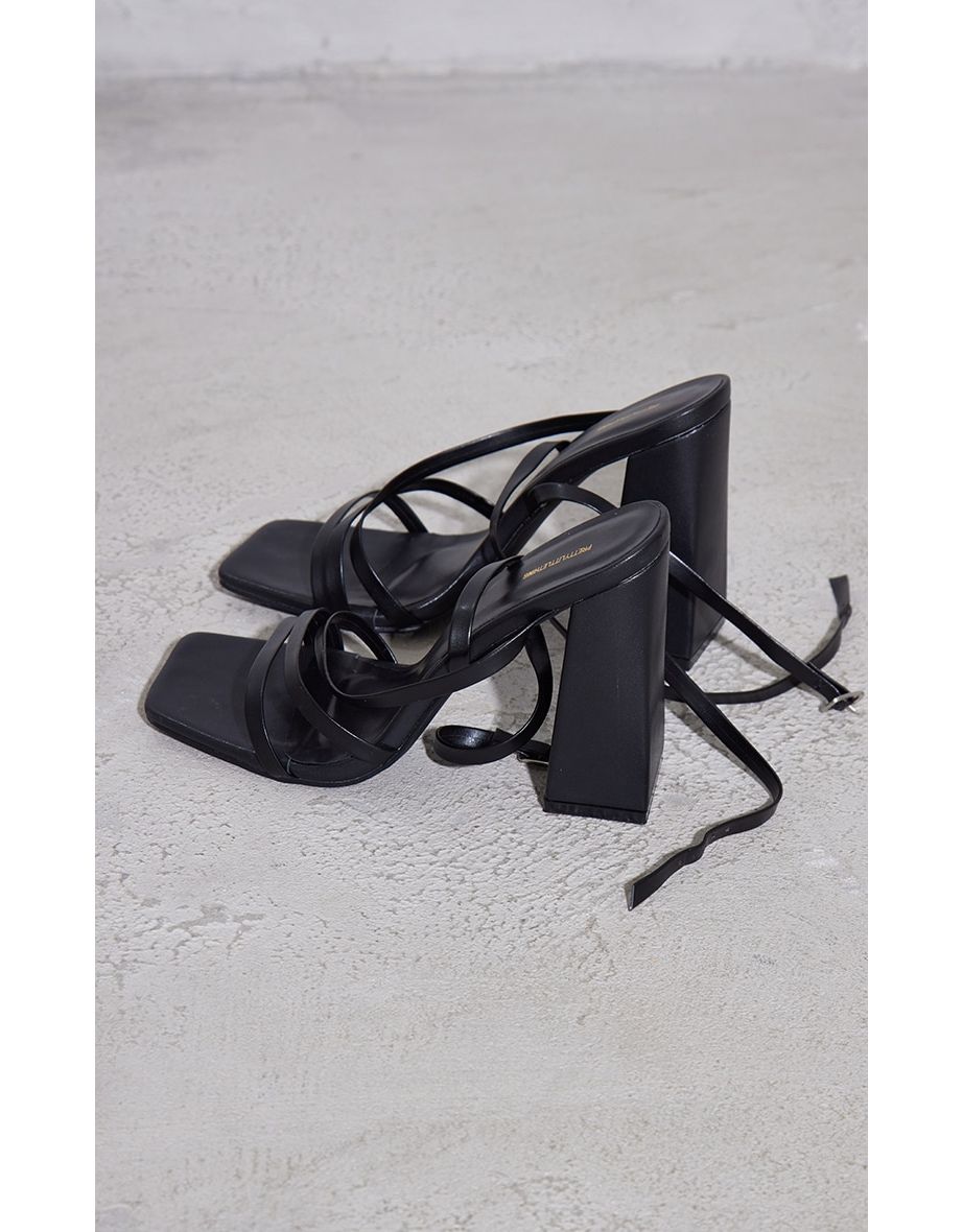 Black Wide Fit PU Square Toe Strappy High Block Heeled Sandals - 3