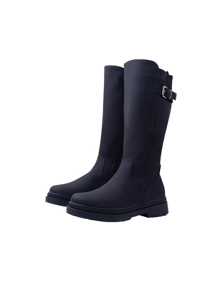 MINNIE CALF HIGH BOOTS WITH SIDE ZIP & REAR BUCKLE IN BLACK