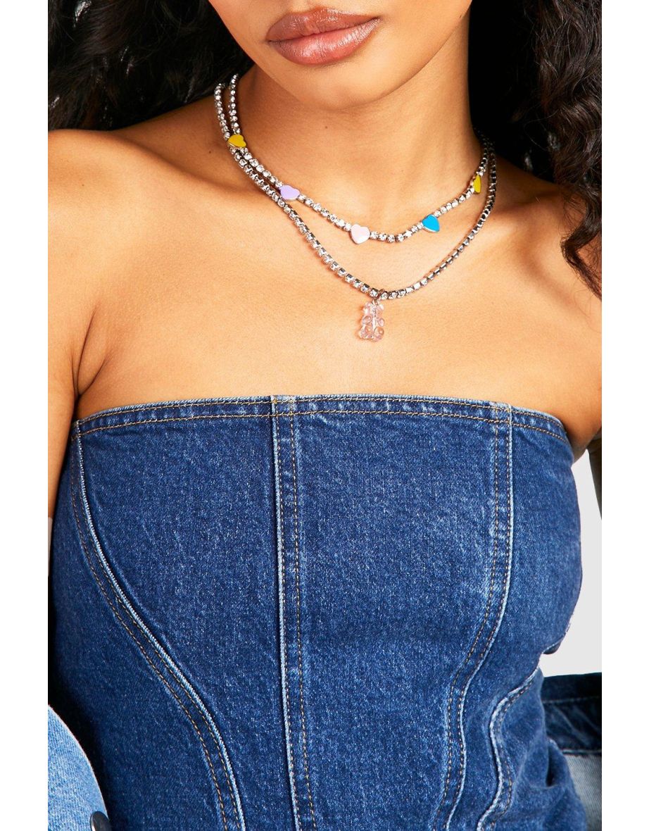 Diamante Double Row Heart And Bear Choker - silver