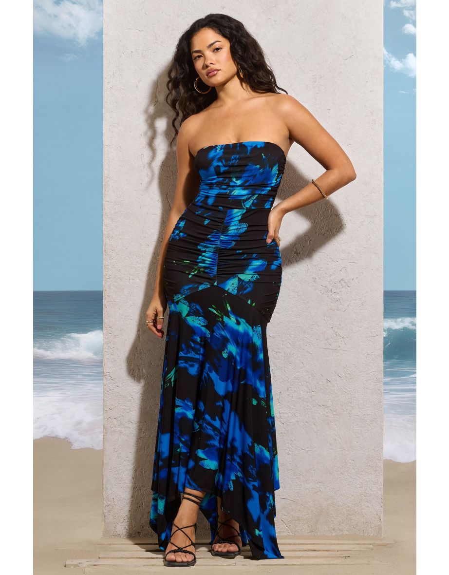 Florianne | Navy Floral Print Ruched Bandeau Maxi Dress - 4