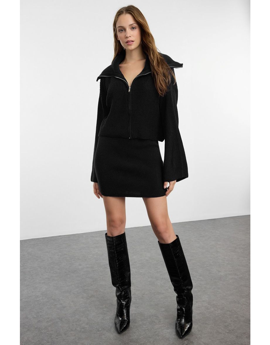 Navy Blue Turn-down Collar Skirted Knitwear Top-Bottom Set