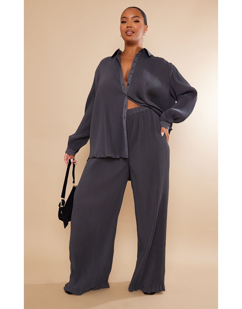 Plus Charcoal Plisse High Waisted Wide Leg Trousers