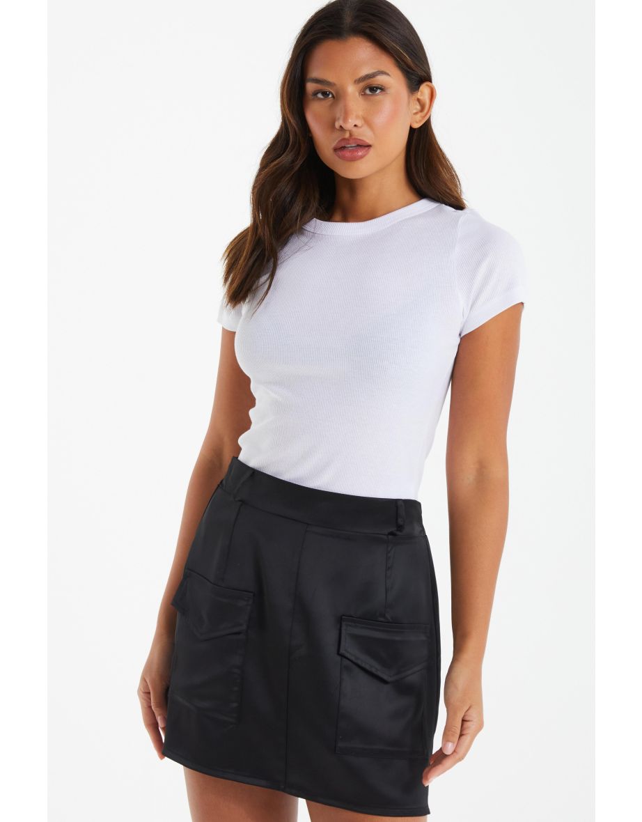 Black Satin Cargo Mini Skirt