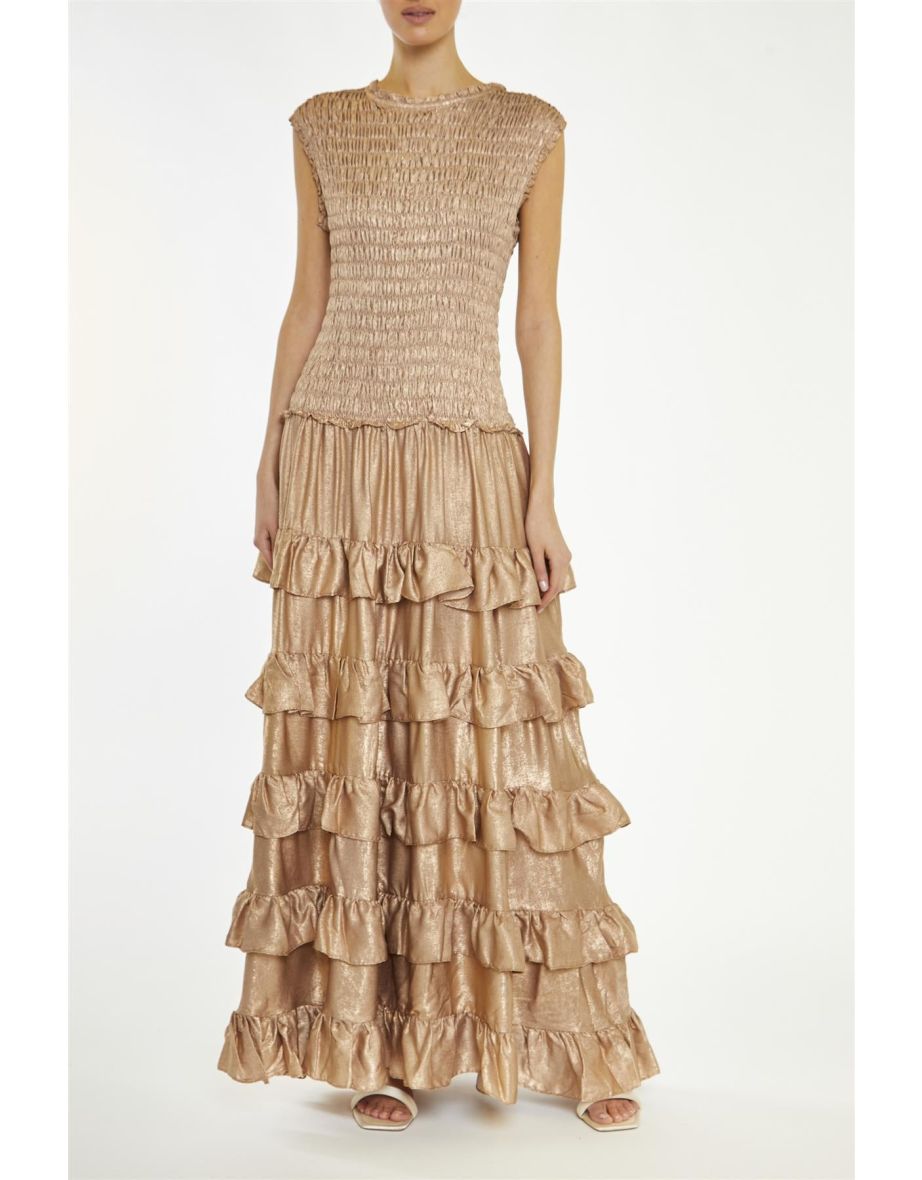 Azaria Dark Metallic-Copper Smocked Dropped-Waist Maxi-Dress - 2