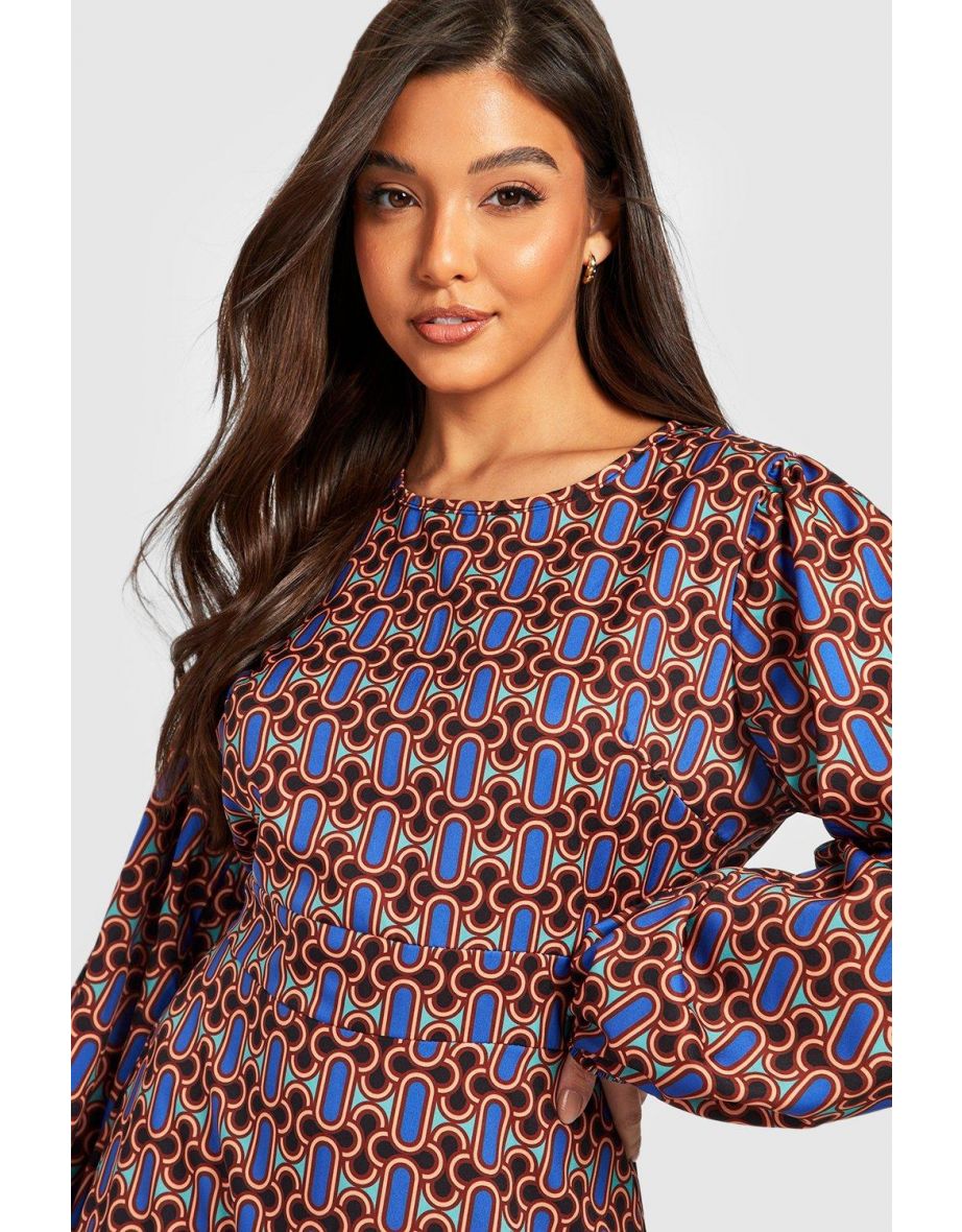 Retro Print Frill Hem Midi Dress - blue - 3