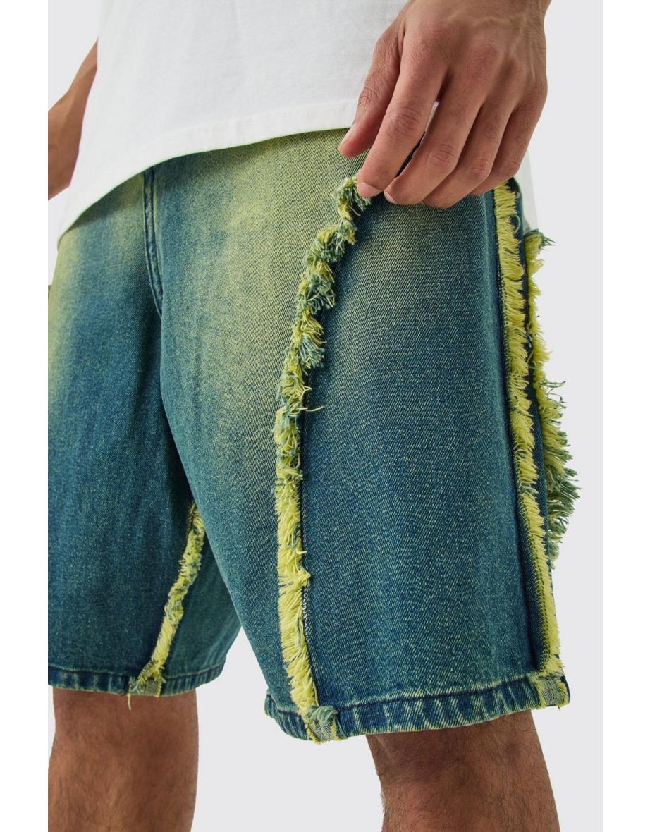 Frayed Edge Denim Jorts In Tinted Green - green - 2