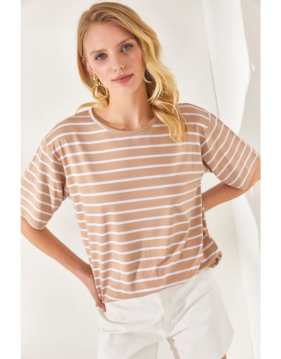 Women's Camel Striped Casual T-Shirt