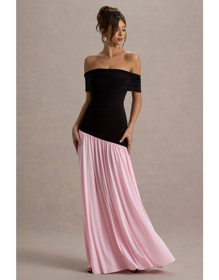 Venezia | Black & Pink Bardot Puff-Skirt Maxi Dress