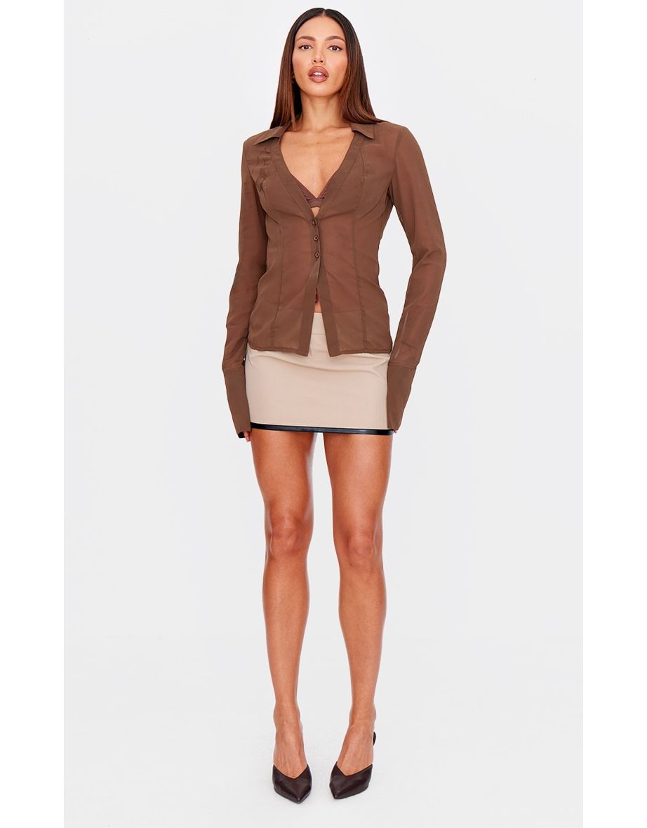 Tall Chocolate Mesh Button Front Blouse