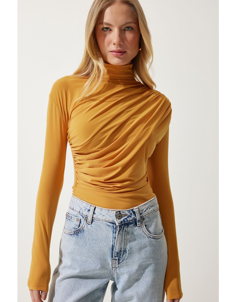 Women's Mustard Gathered Detailed High Neck Sandy Blouse - 4