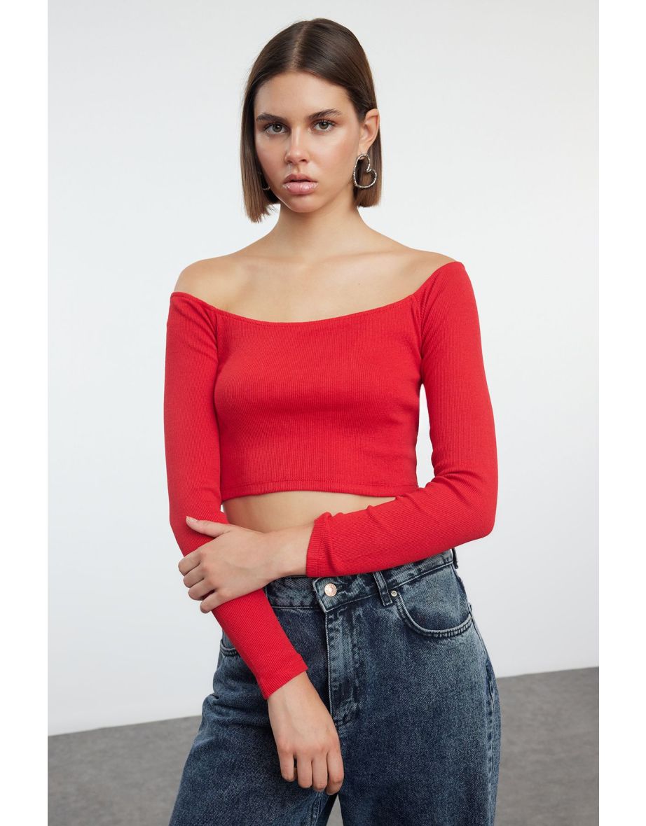 Red Fitted Super Crop Carmen Collar Ribbed Stretch Knitted Blouse