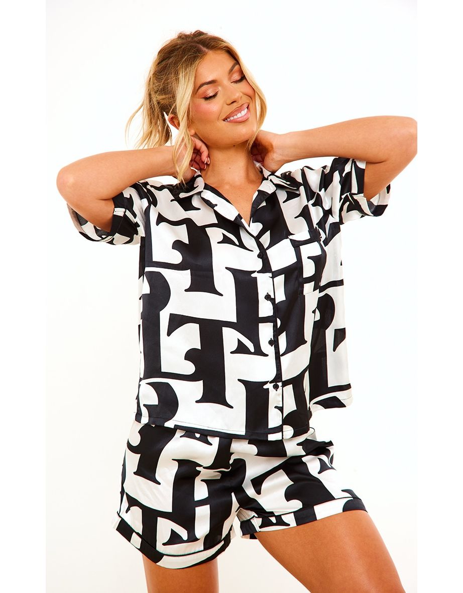 Multi Satin Printed Piping Short Pyjama Set