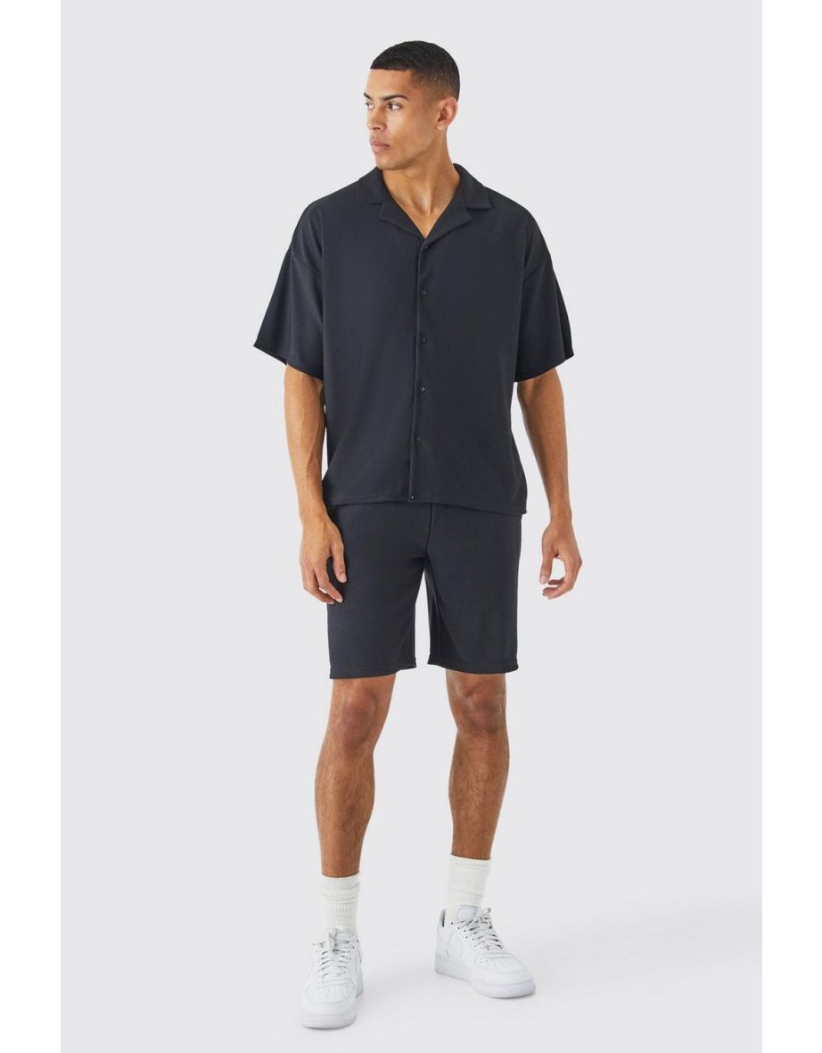 Short Sleeve Ribbed Boxy Shirt And Short Set - black