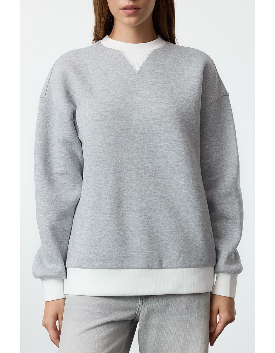 Grey Melange Color Block Oversize/Wide Pattern Thick Knitted Sweatshirt - 3