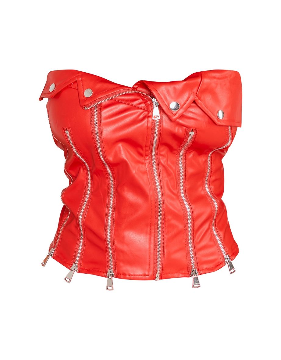 Shape Red Faux Leather Zip Detail Corset Top - 4