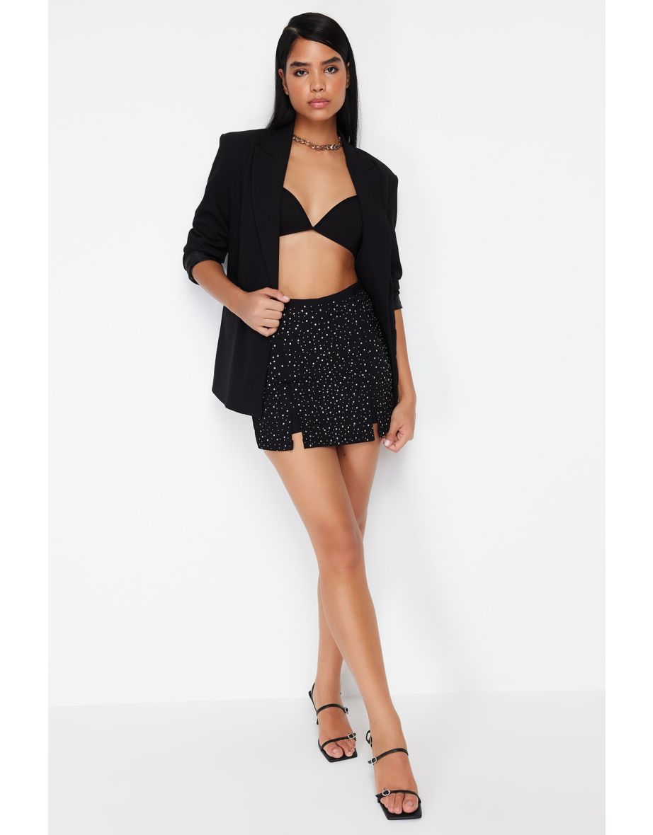 Black Shiny Stone Short Skirt - 7